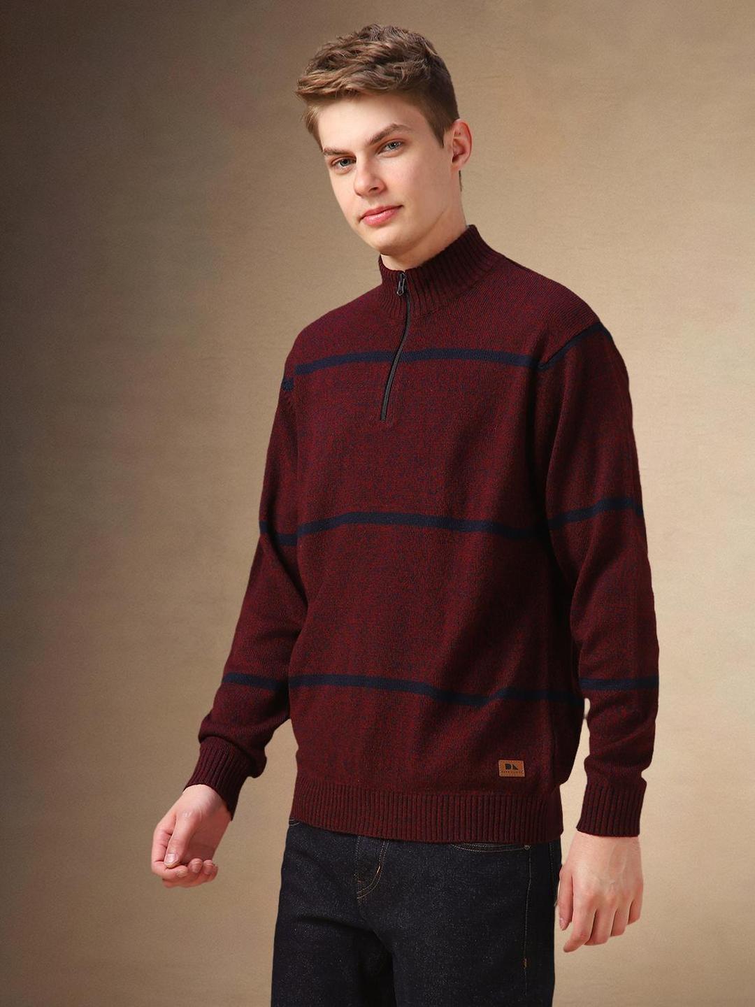 Men Maroon Acrylic Striped Regular Fit Sweater