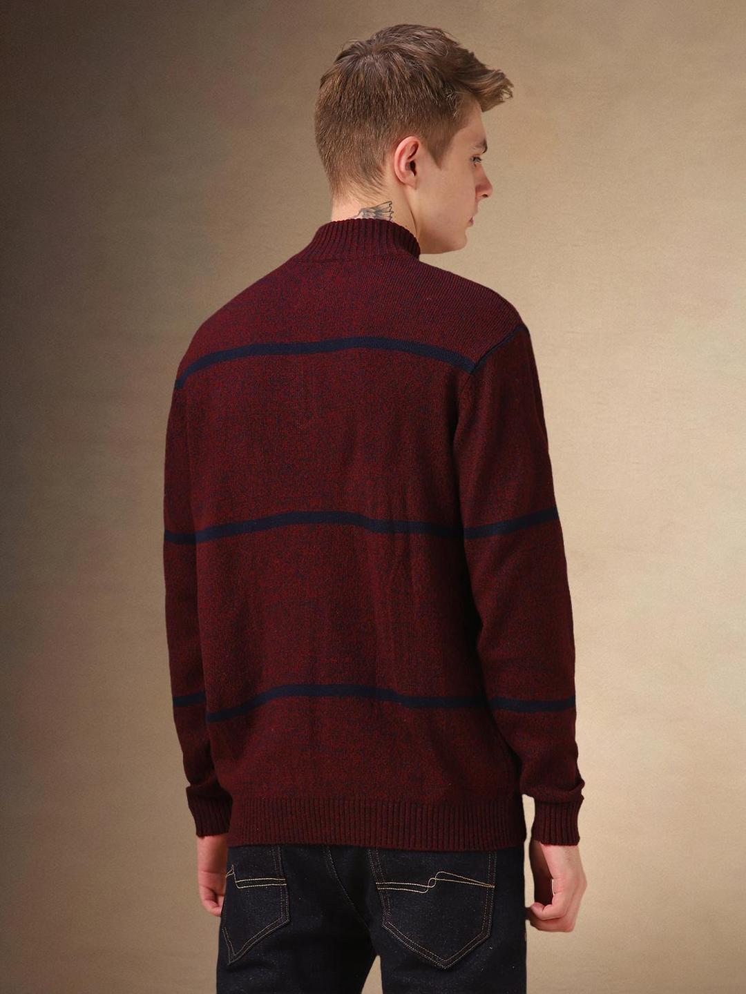 Men Maroon Acrylic Striped Regular Fit Sweater