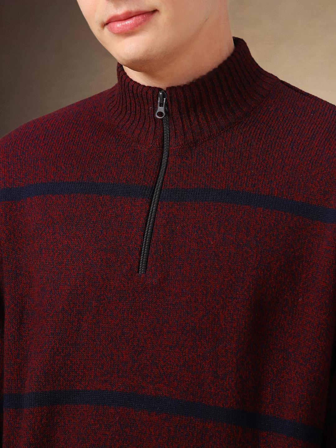 Men Maroon Acrylic Striped Regular Fit Sweater