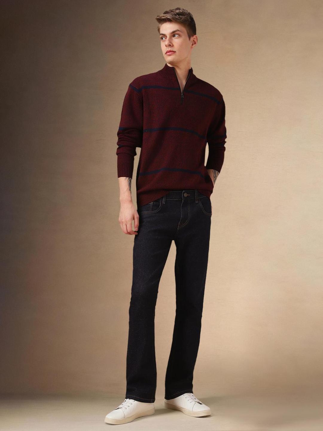 Men Maroon Acrylic Striped Regular Fit Sweater