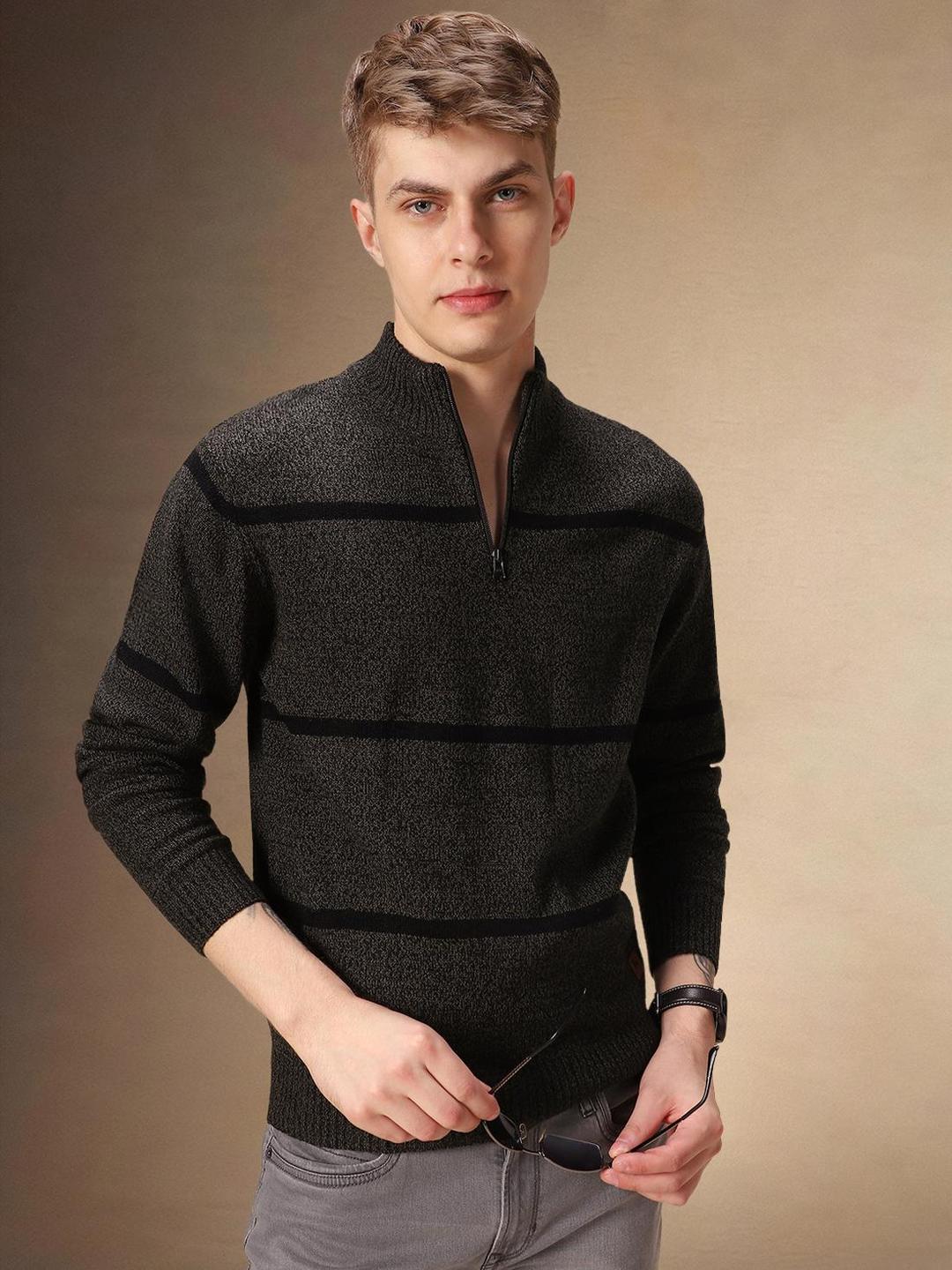 Men Olive Knitted Acrylic Striped Regular Fit Sweater