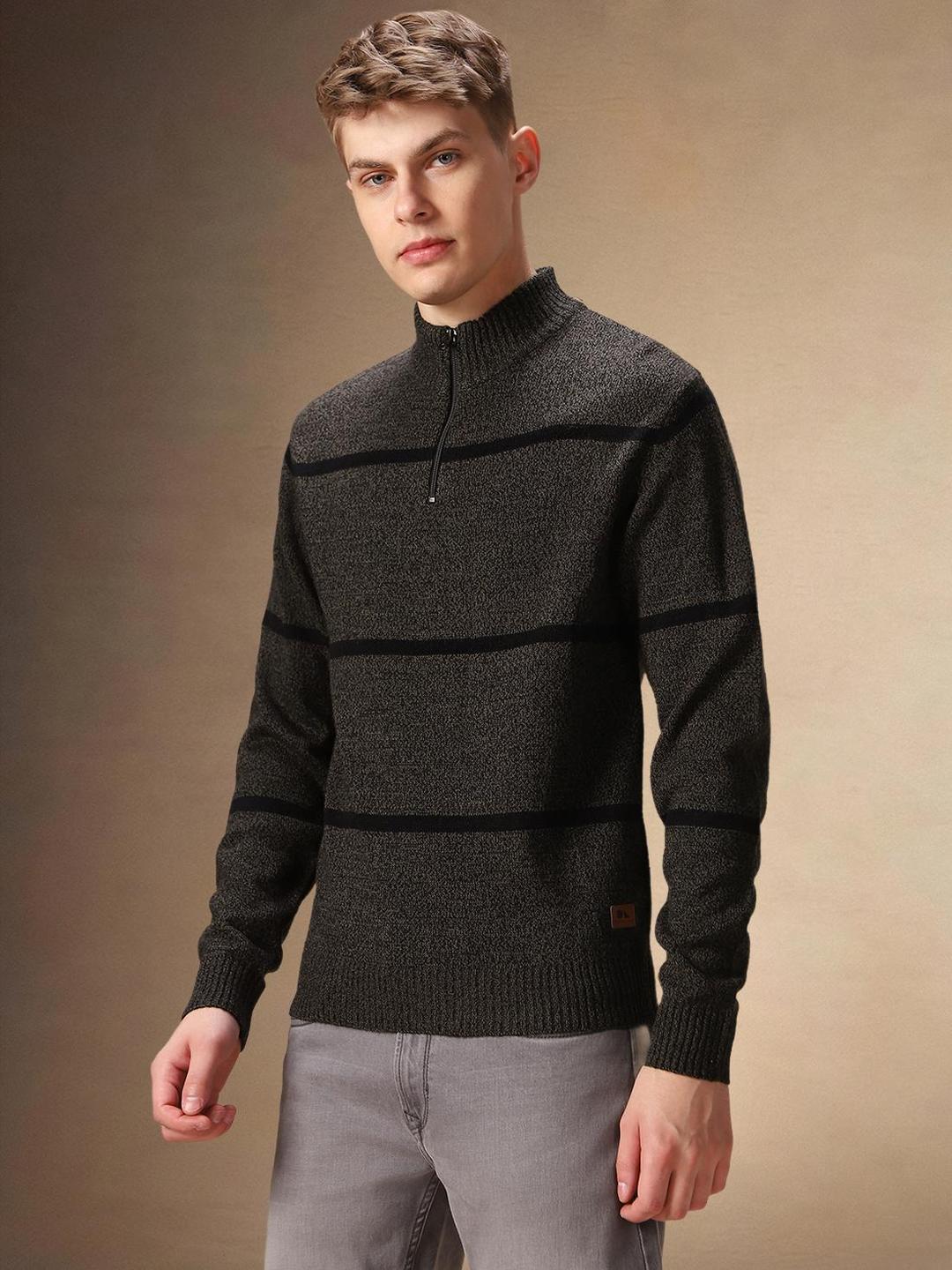 Men Olive Knitted Acrylic Striped Regular Fit Sweater