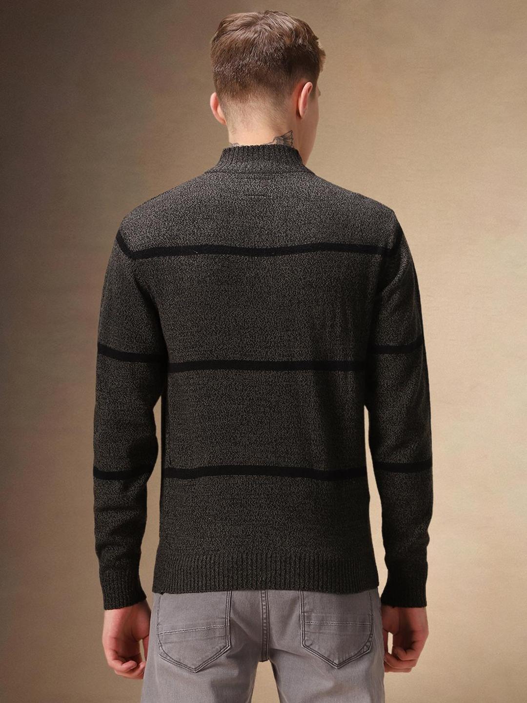 Men Olive Knitted Acrylic Striped Regular Fit Sweater