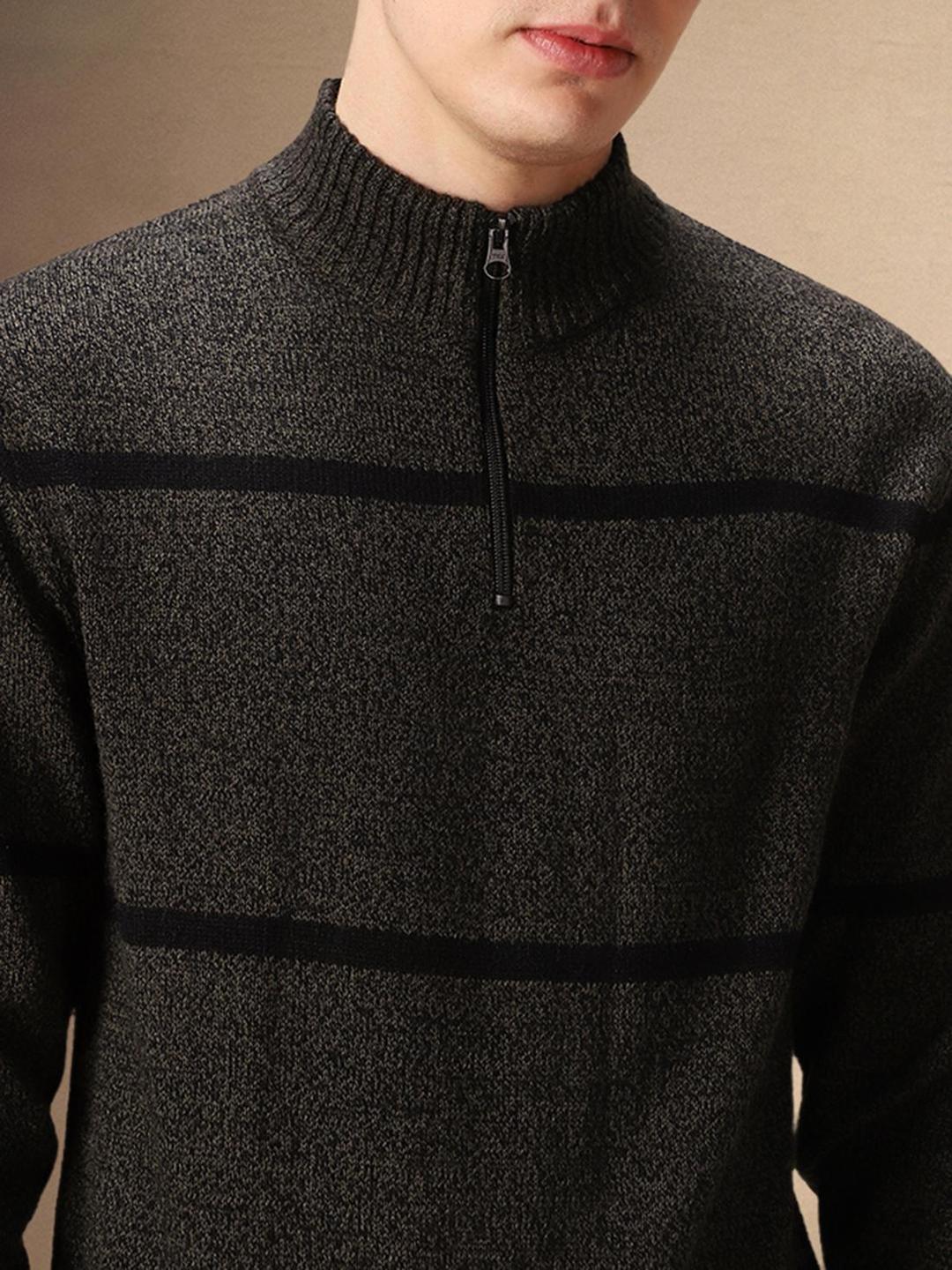 Men Olive Knitted Acrylic Striped Regular Fit Sweater