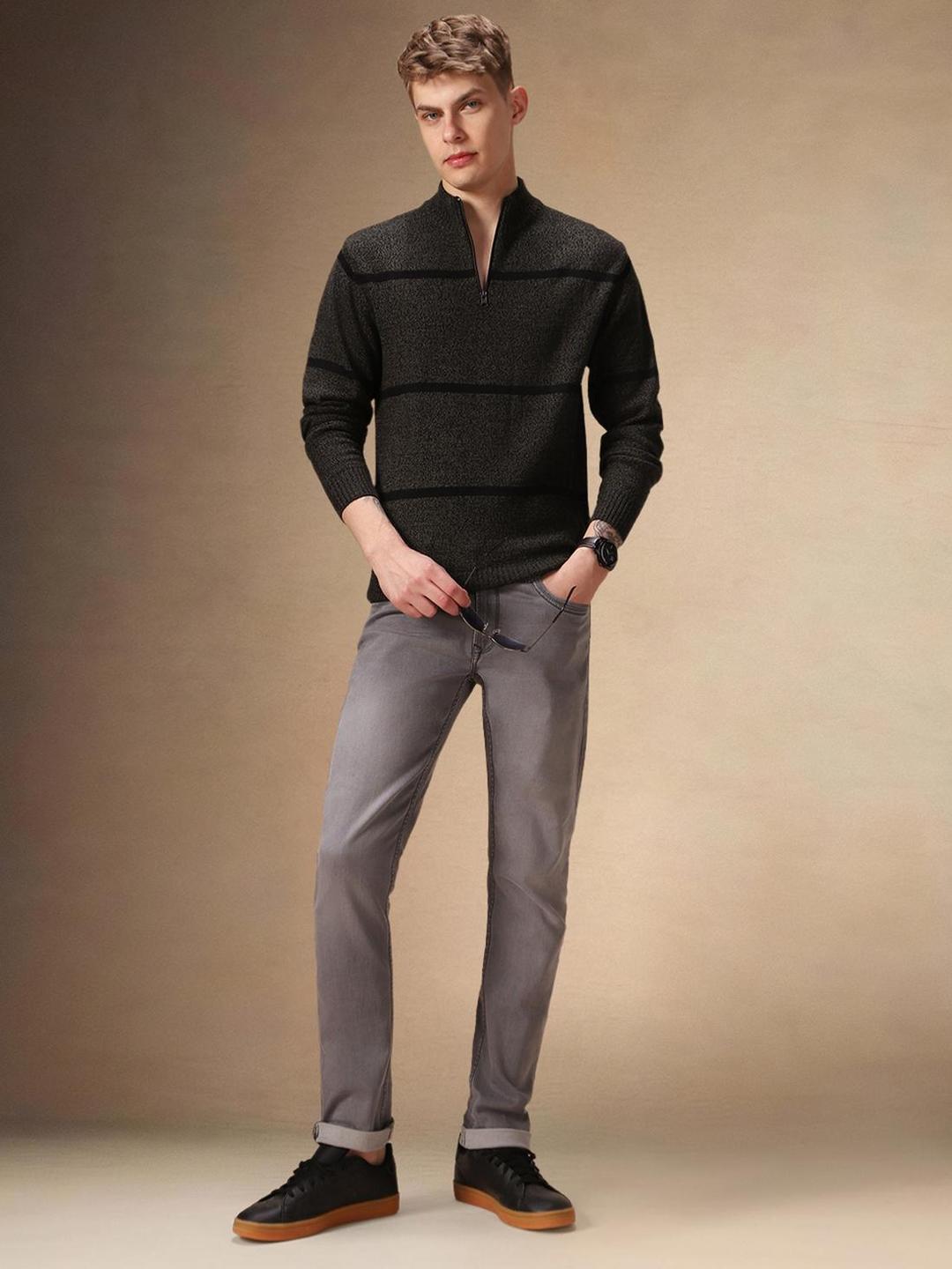 Men Olive Knitted Acrylic Striped Regular Fit Sweater