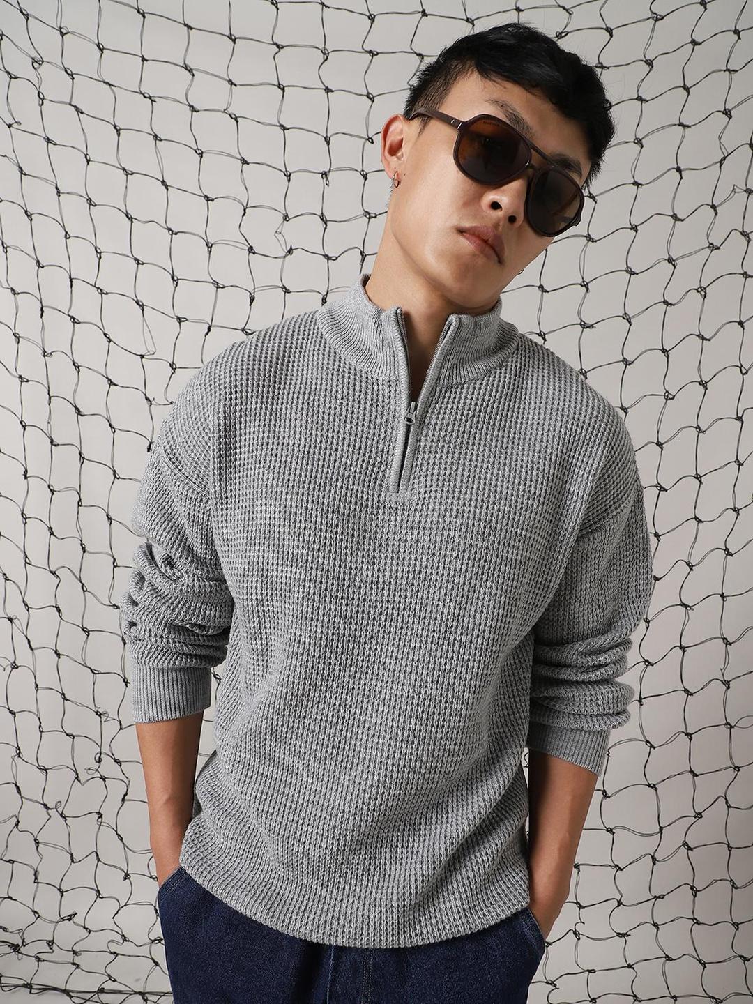 Men Grey Acrylic Solid Relaxed Fit Sweater