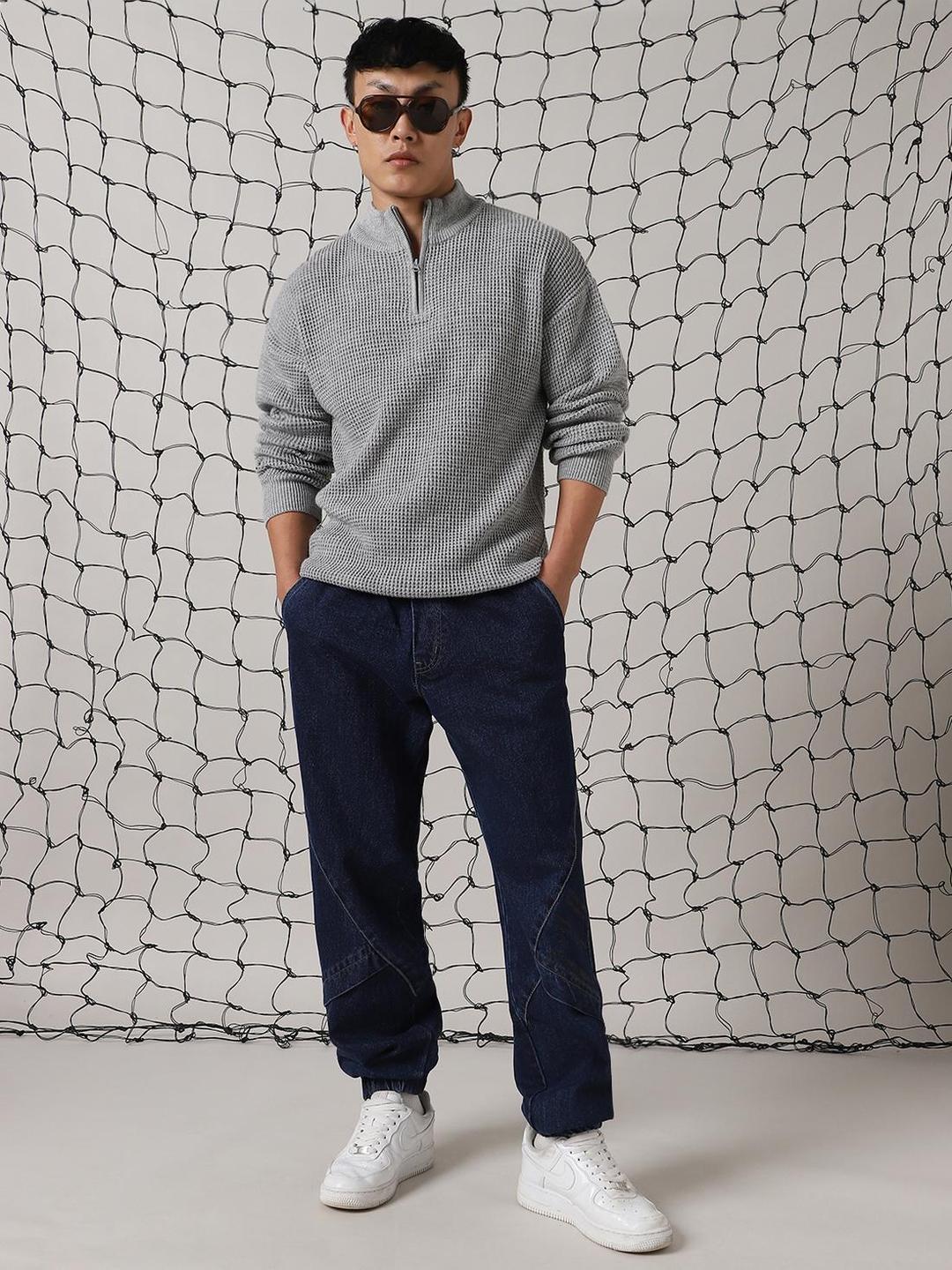 Men Grey Acrylic Solid Relaxed Fit Sweater