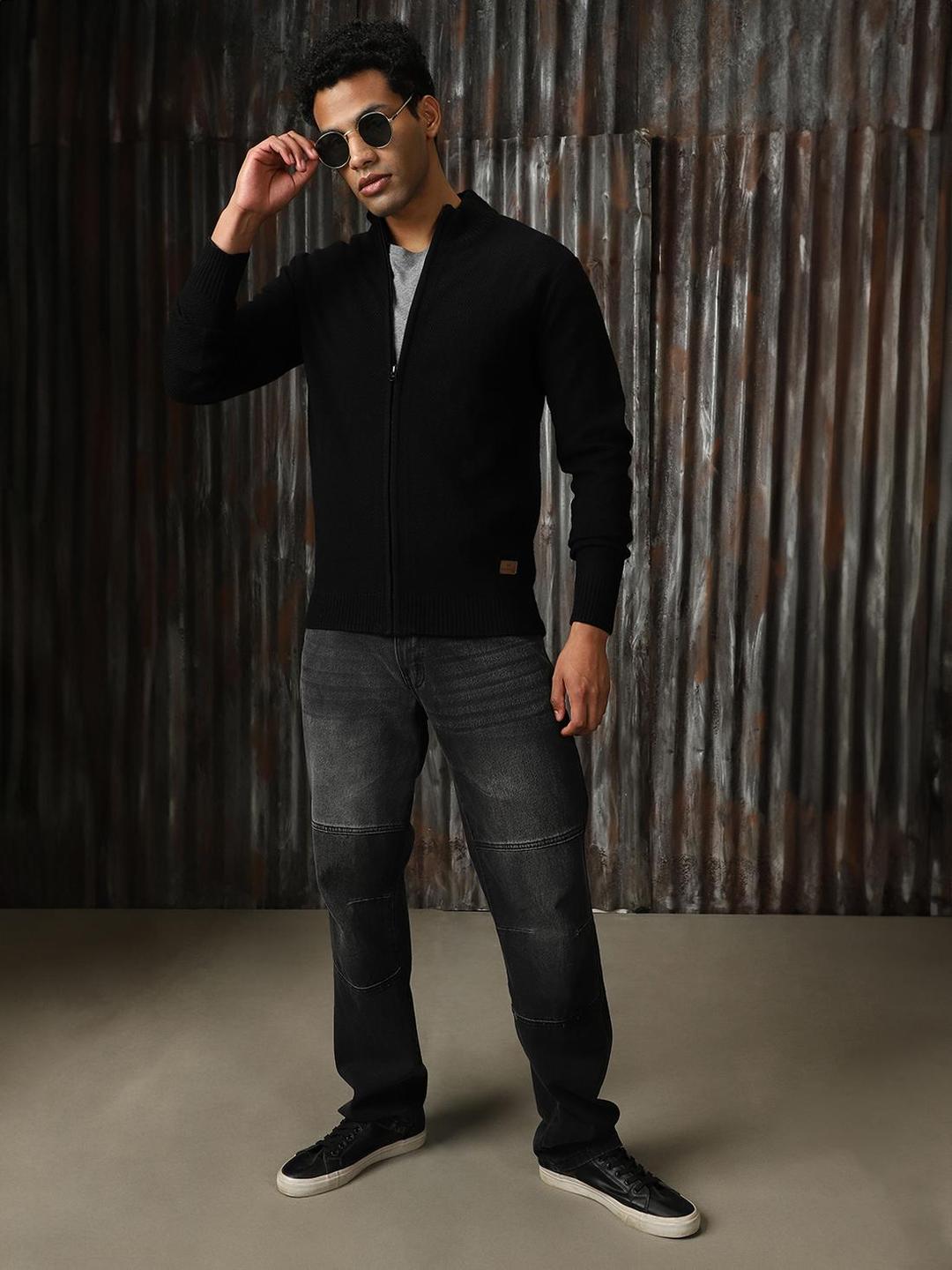 Men Black Knitted Acrylic Sweater