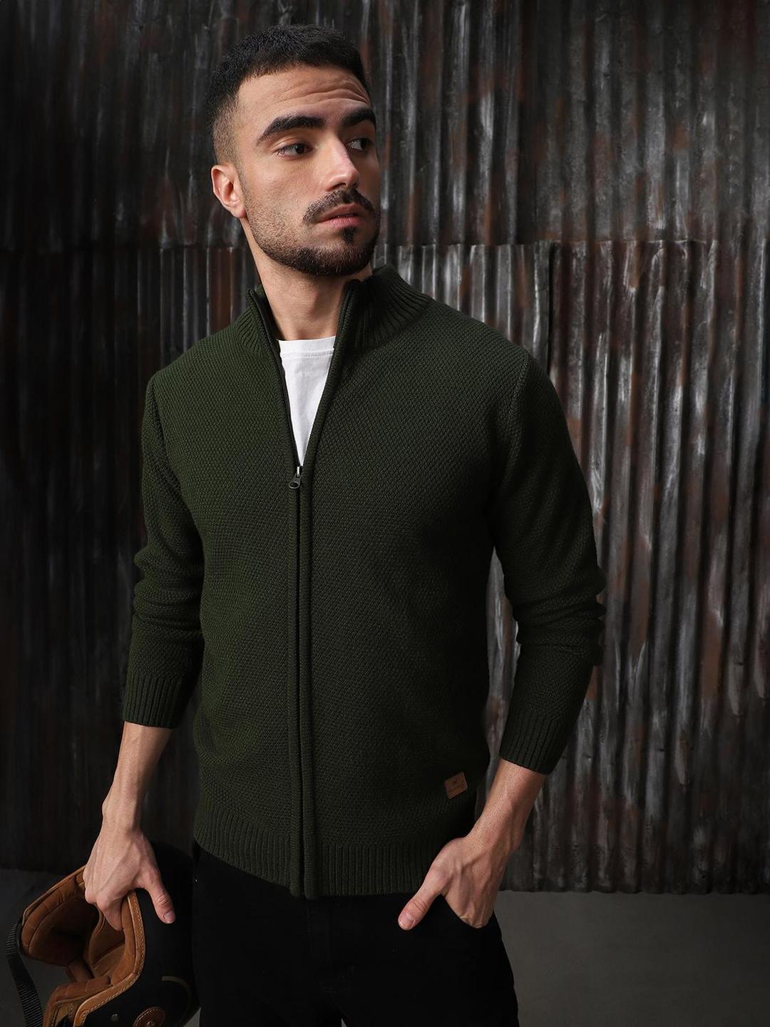 Men Olive Acrylic Knitted Regular Fit Sweater