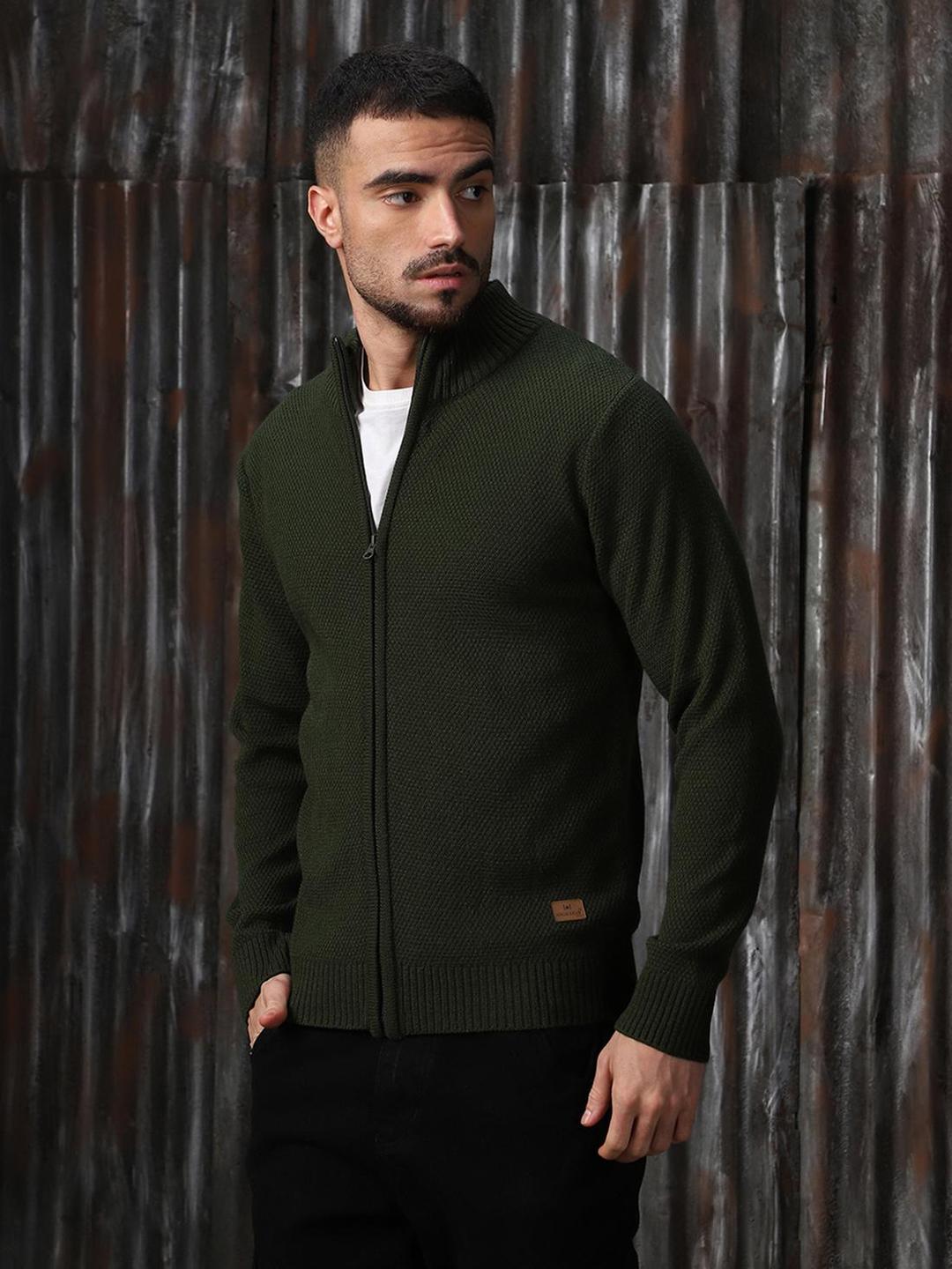 Men Olive Acrylic Knitted Regular Fit Sweater