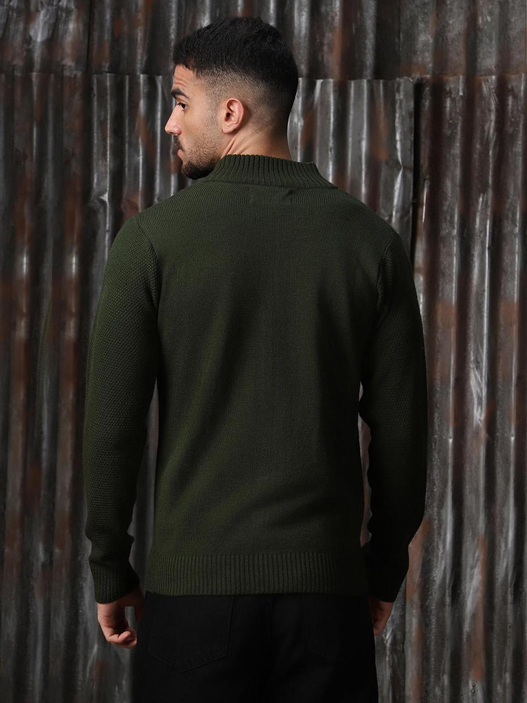 Men Olive Acrylic Knitted Regular Fit Sweater