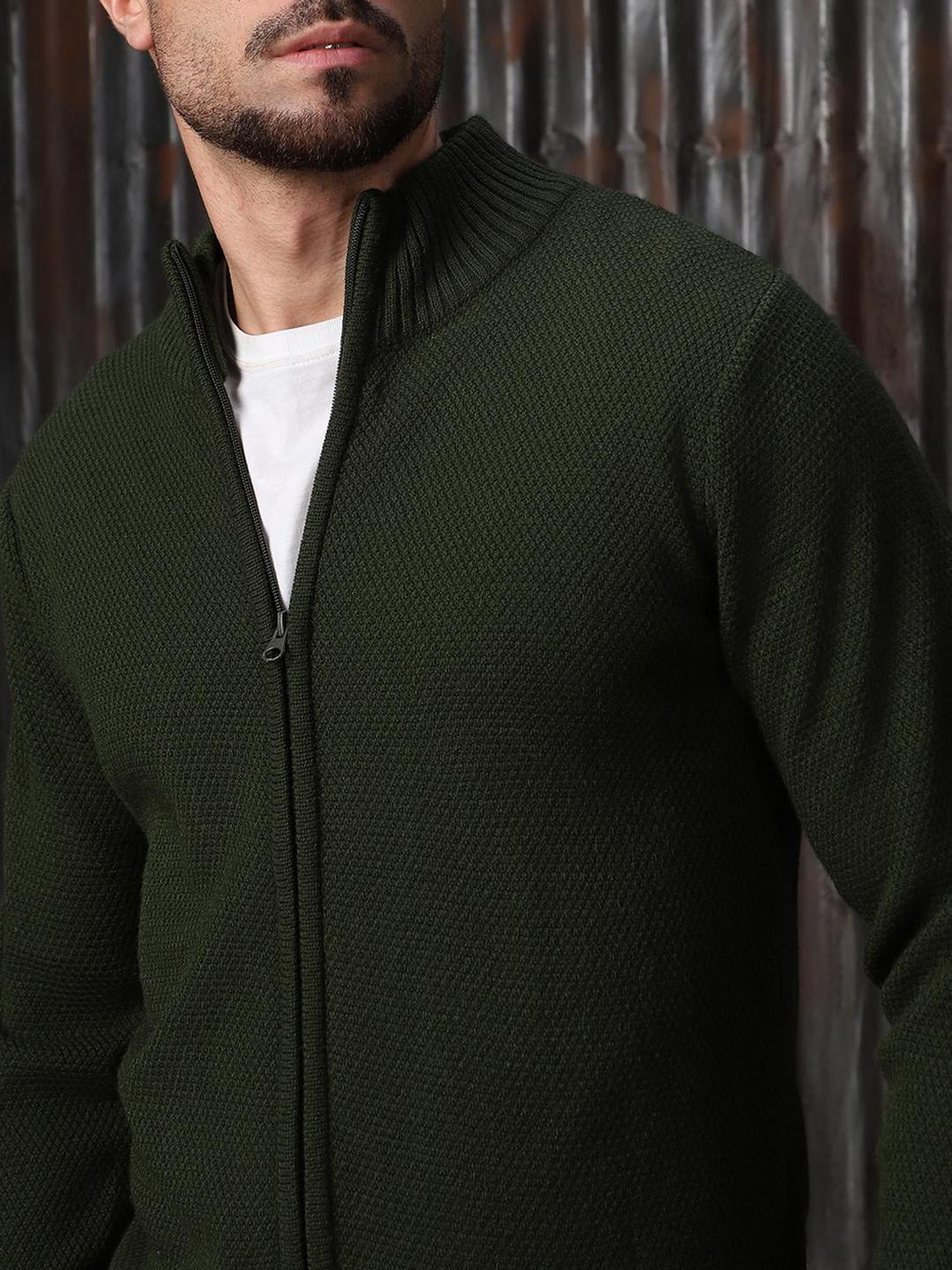 Men Olive Acrylic Knitted Regular Fit Sweater