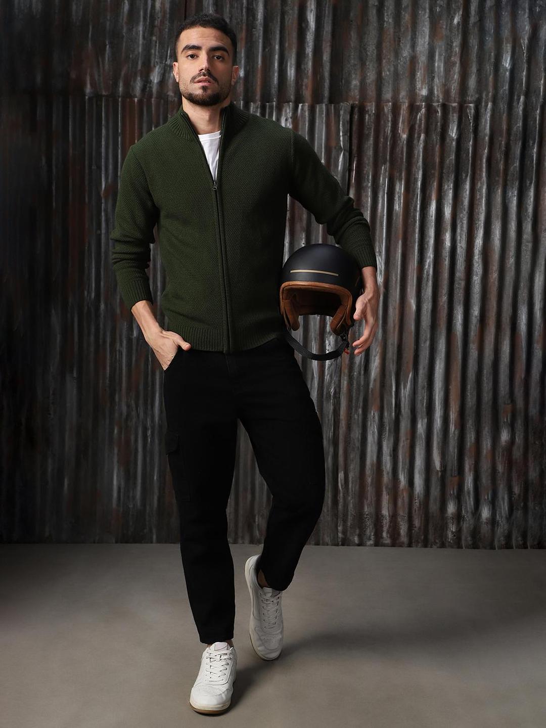 Men Olive Acrylic Knitted Regular Fit Sweater