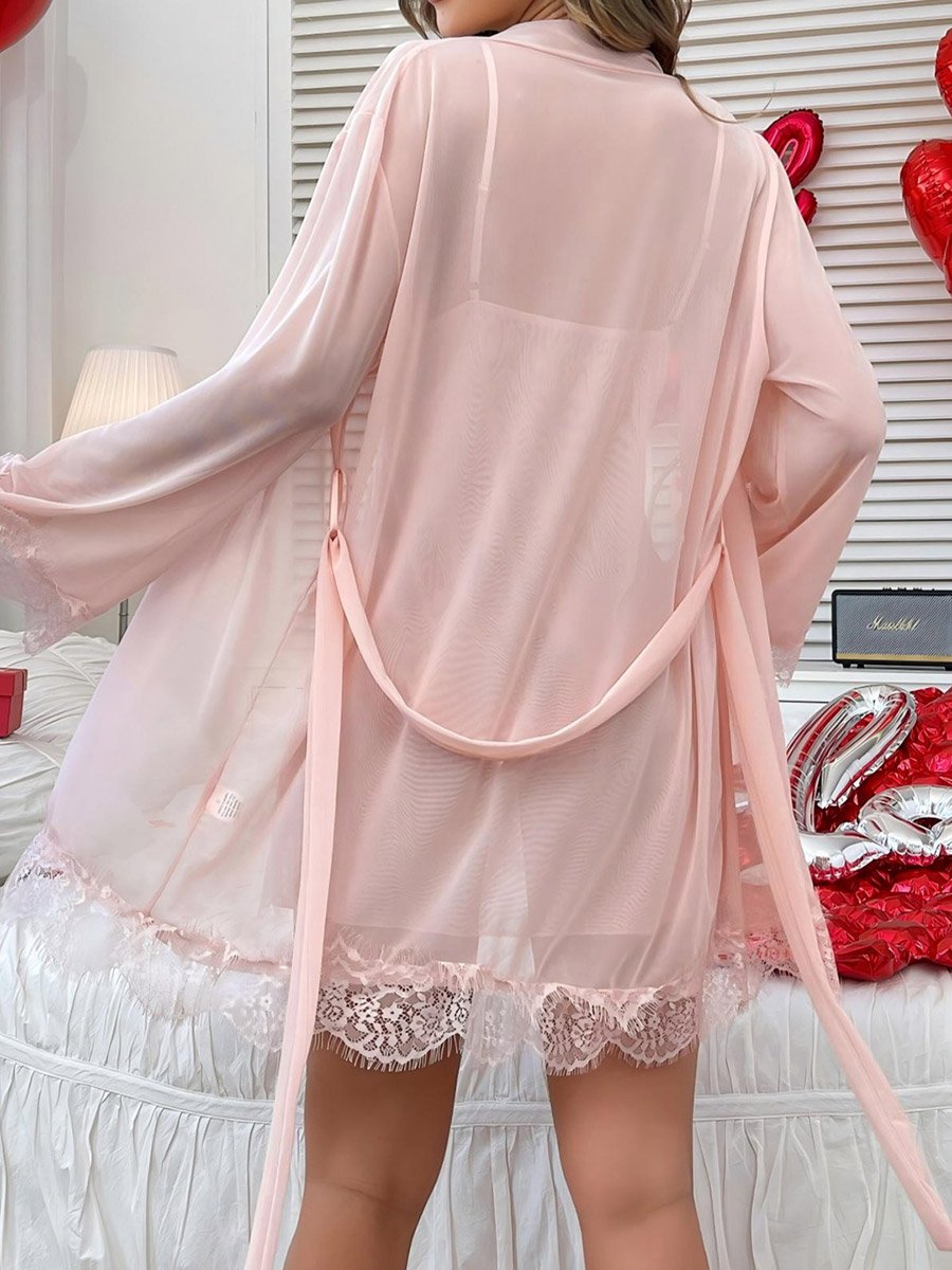 Light Pink Lace Trim Satin Slip and Robe Set
