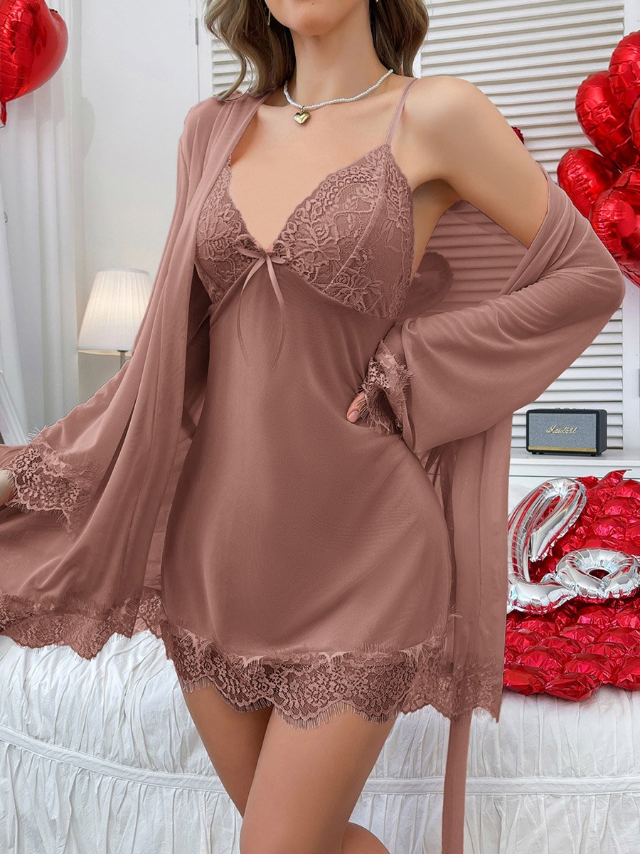 Brown Lace Trim Satin Slip and Robe Set