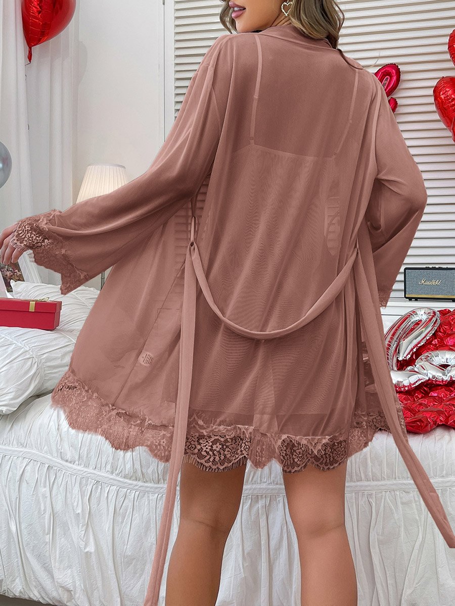 Brown Lace Trim Satin Slip and Robe Set