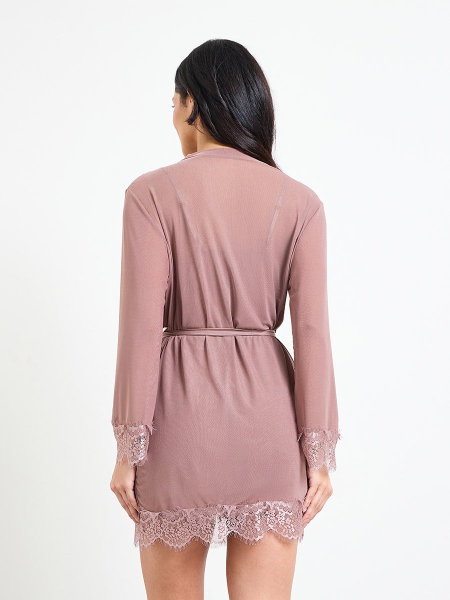 Brown Lace Trim Satin Slip and Robe Set