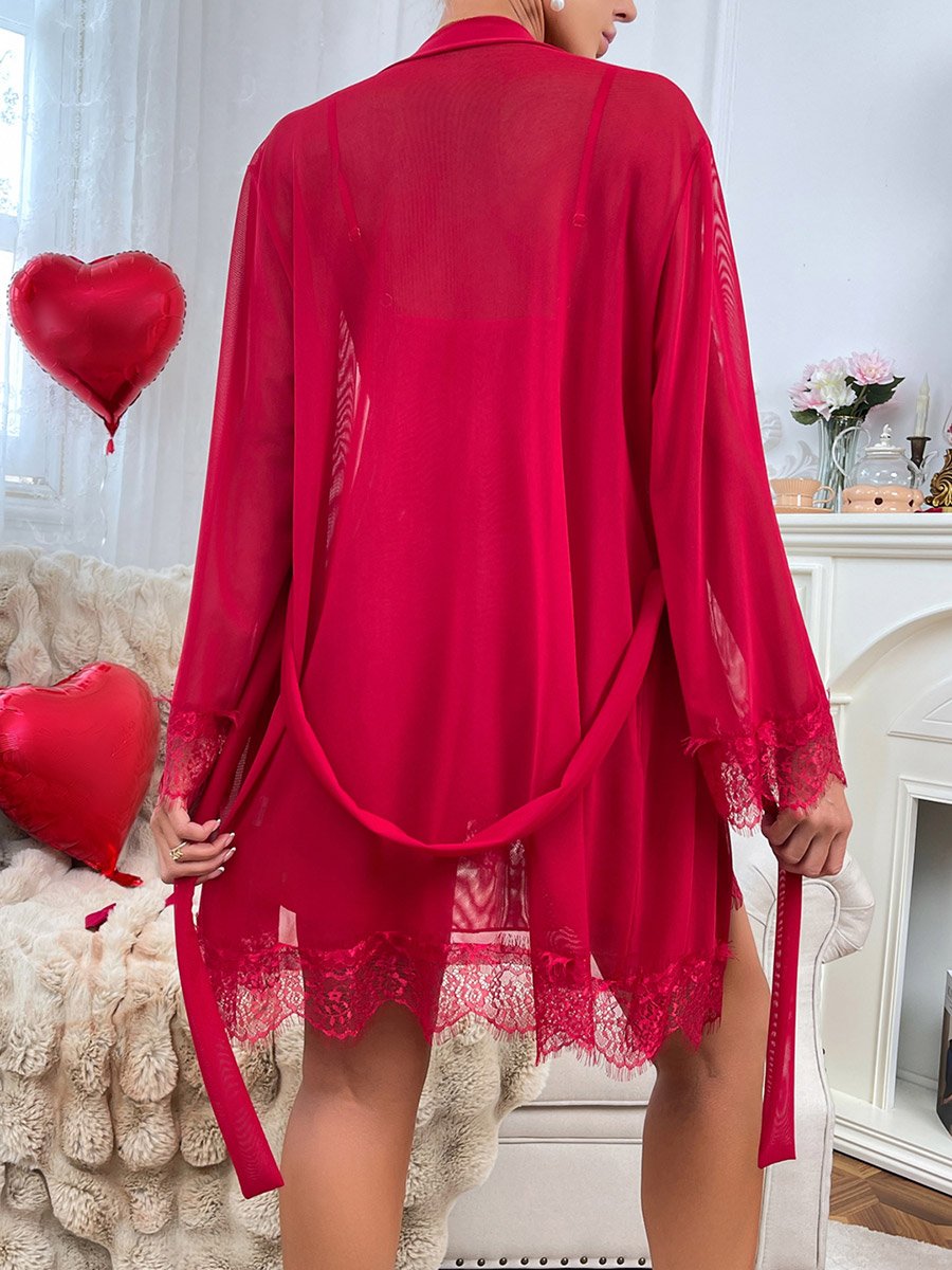 Burgundy Lace Trim Satin Slip and Robe Set