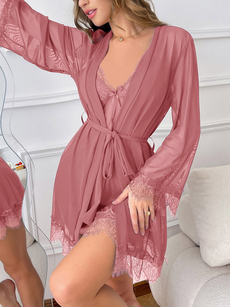 Pink Lace Trim Satin Slip and Robe Set