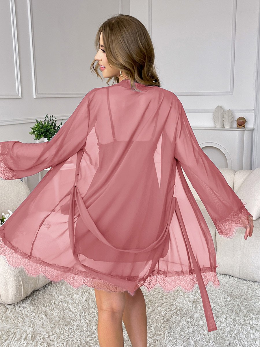 Pink Lace Trim Satin Slip and Robe Set