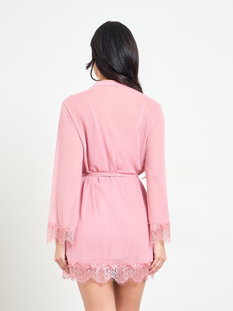 Pink Lace Trim Satin Slip and Robe Set