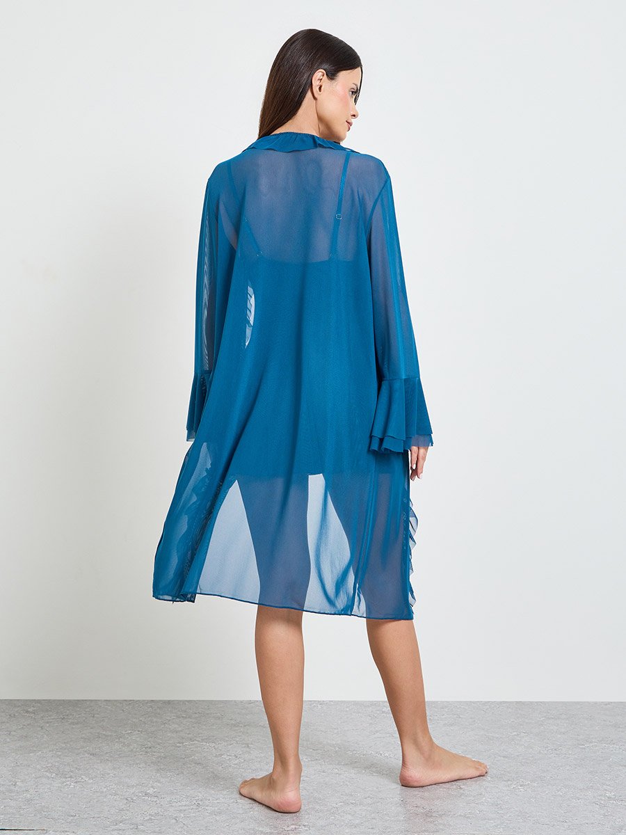 Teal Lace Trim Slip and Ruffled Robe Set