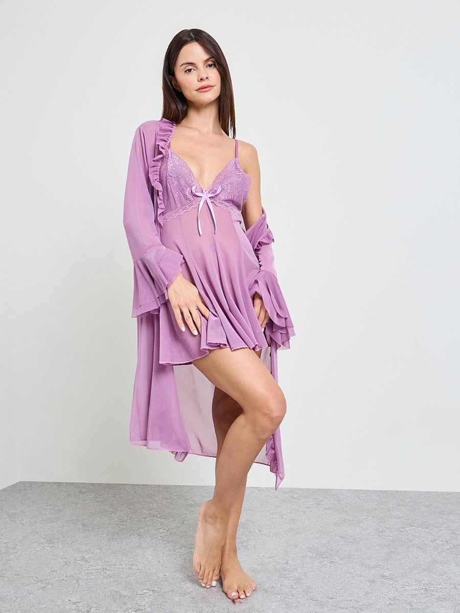 Purple Solid Slip and Bell Sleeve Robe Set