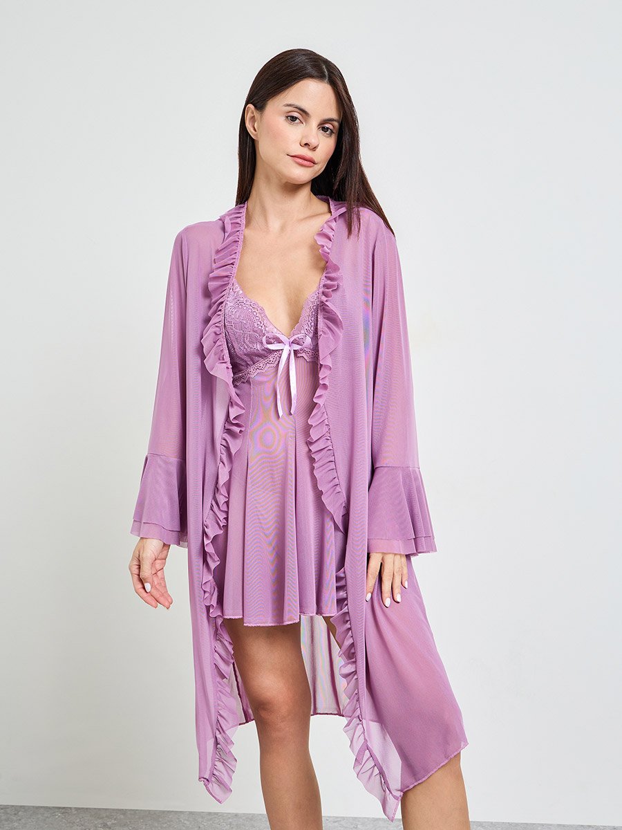 Purple Solid Slip and Bell Sleeve Robe Set
