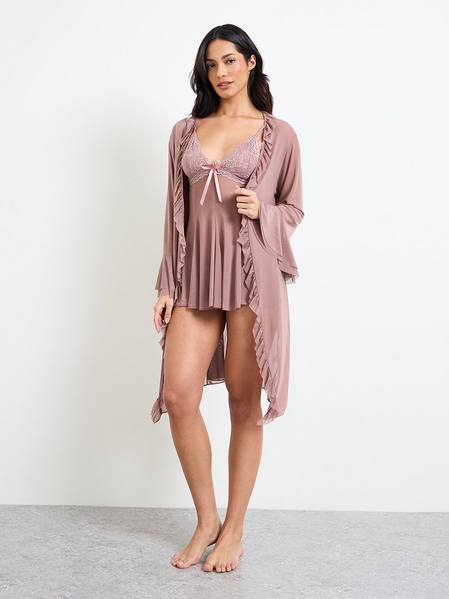 Nude  Lace Trim Satin Slip and Robe Set
