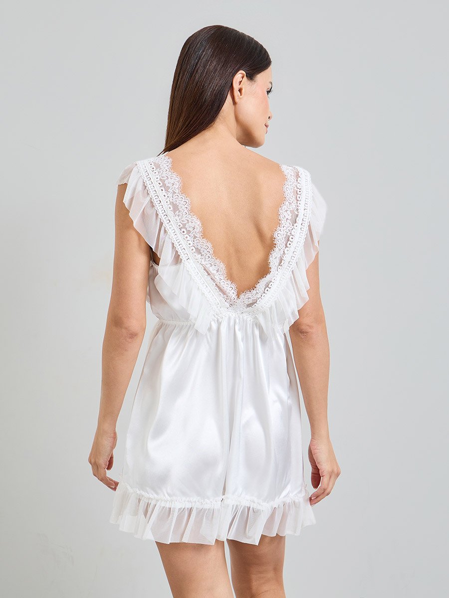 White Lace Trims Ruched Details Satin Babydoll Slip