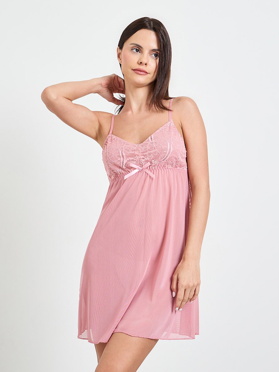 Pink Lace Trim Slip and Robe Set