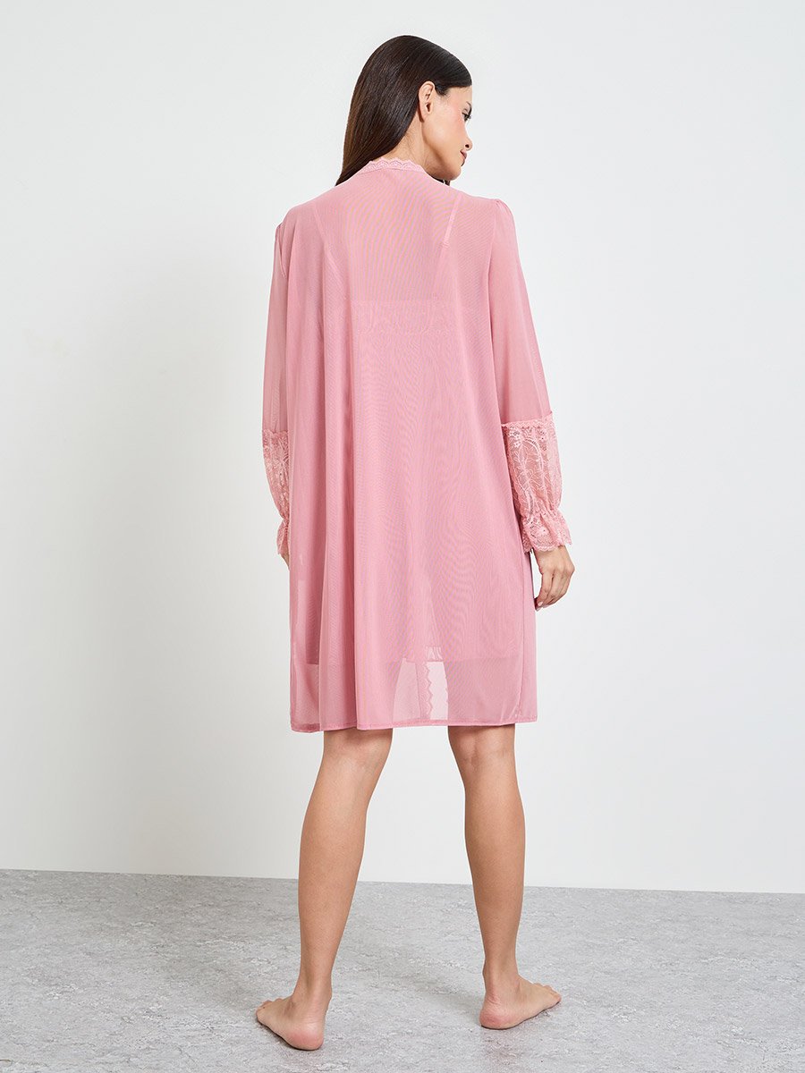 Pink Lace Trim Slip and Robe Set