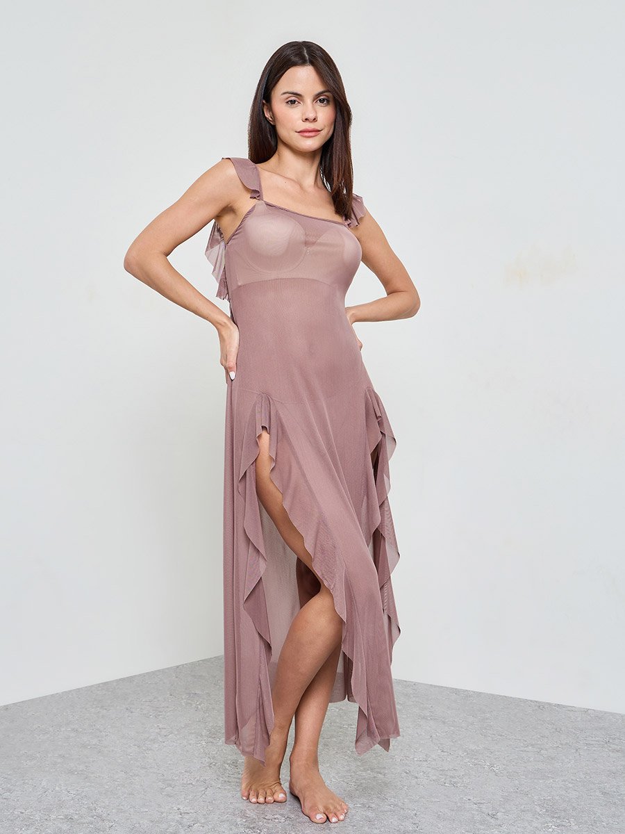 Coffee Brown Solid Ruffled Trims Mesh Babydoll
