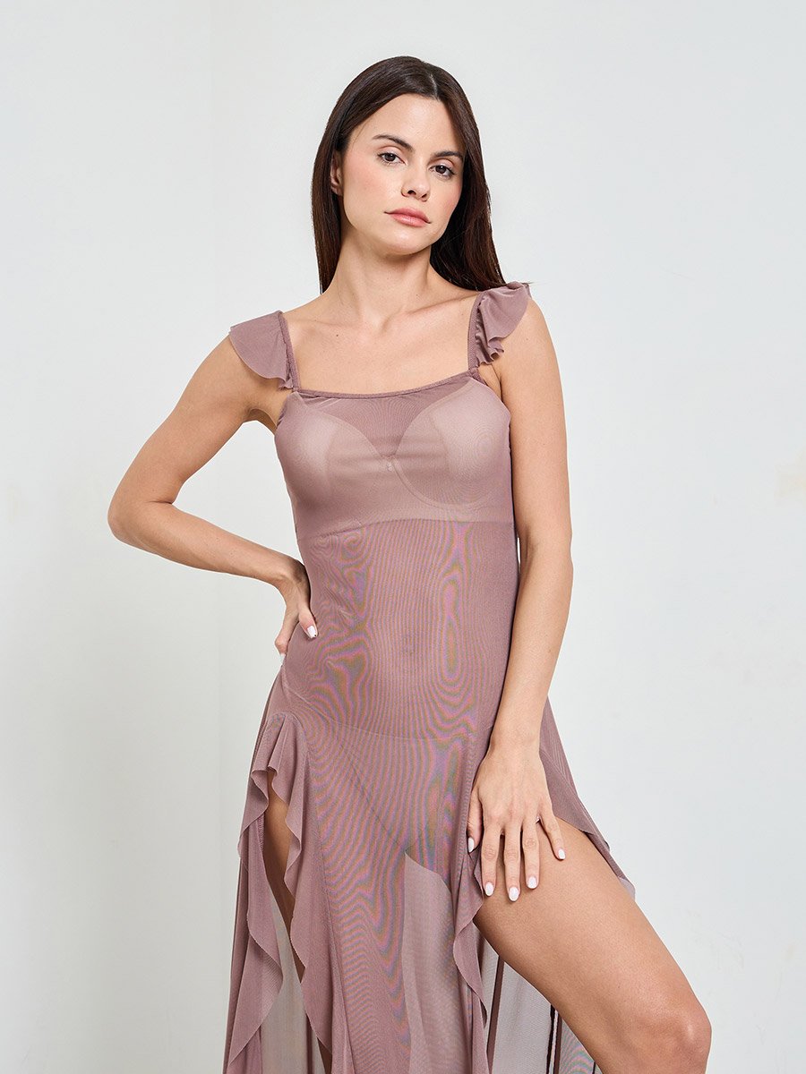 Coffee Brown Solid Ruffled Trims Mesh Babydoll