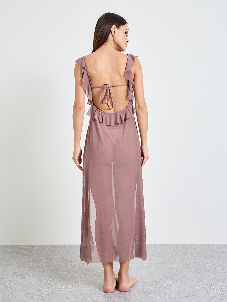 Coffee Brown Solid Ruffled Trims Mesh Babydoll
