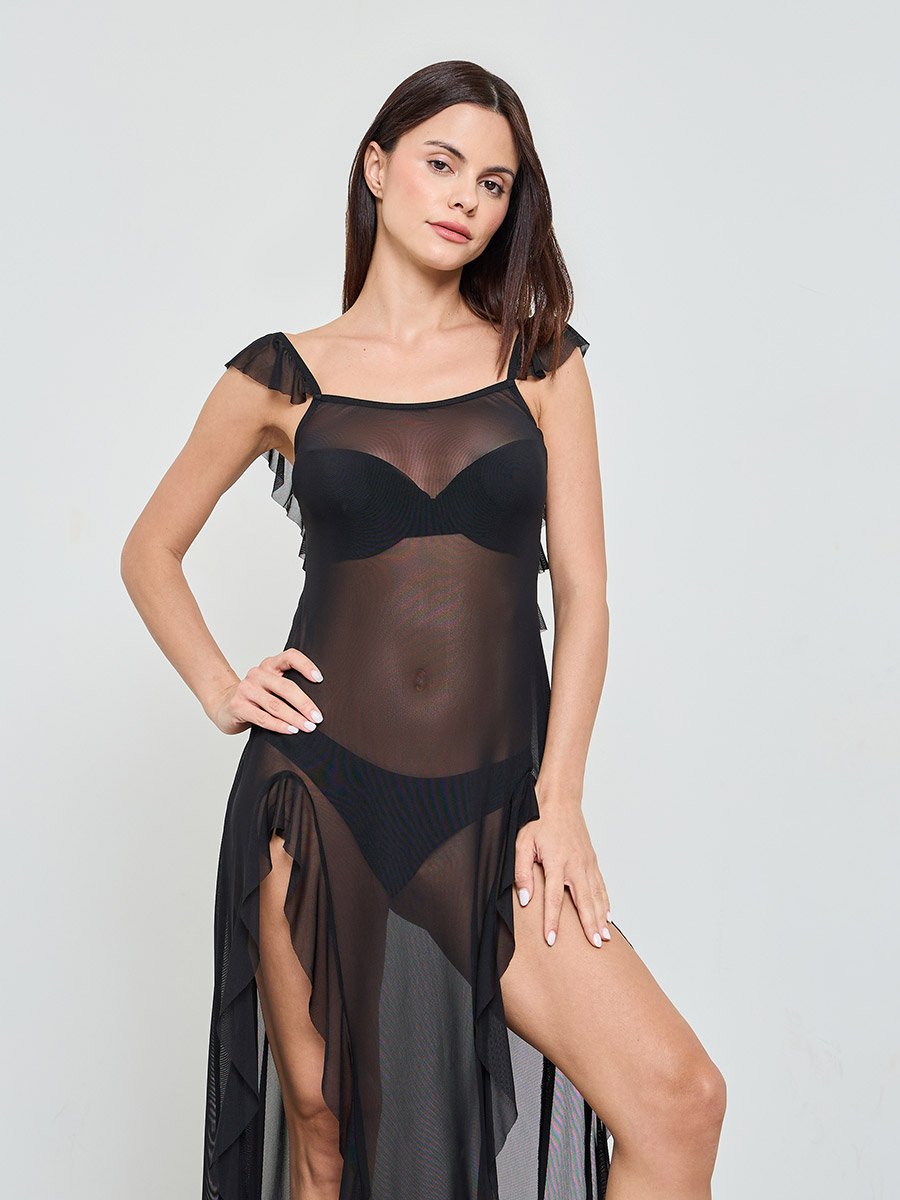 Black Solid Ruffled Trims Mesh Babydoll
