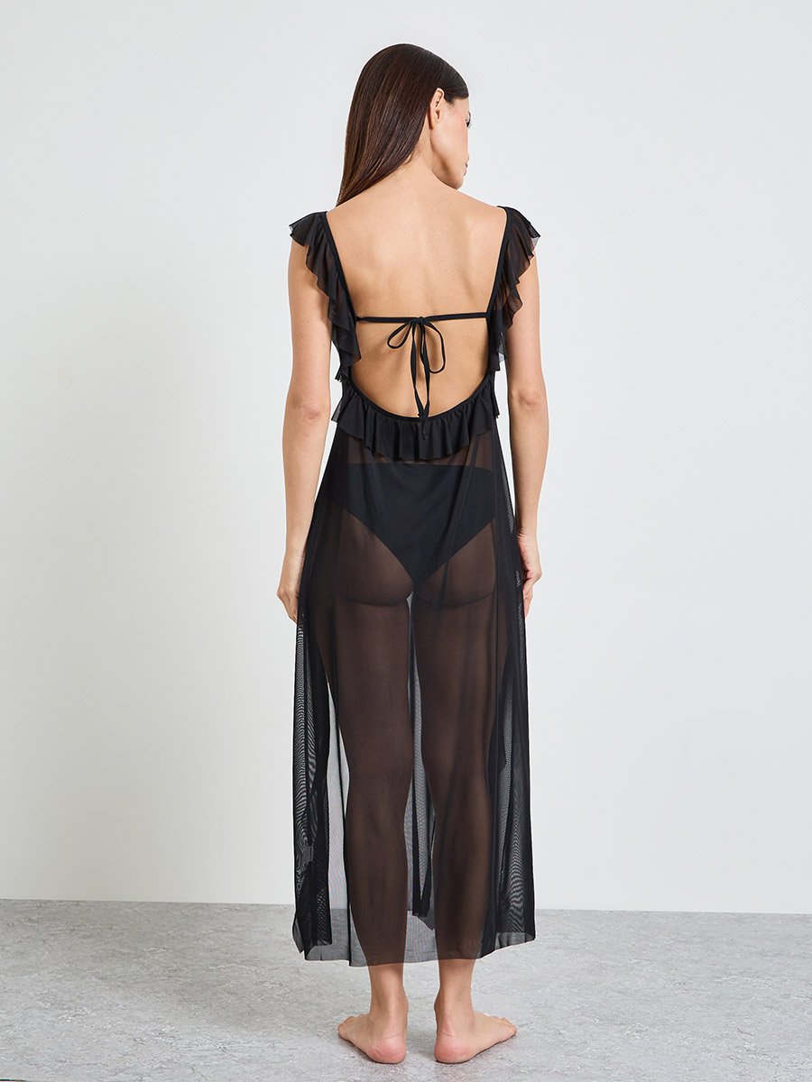 Black Solid Ruffled Trims Mesh Babydoll