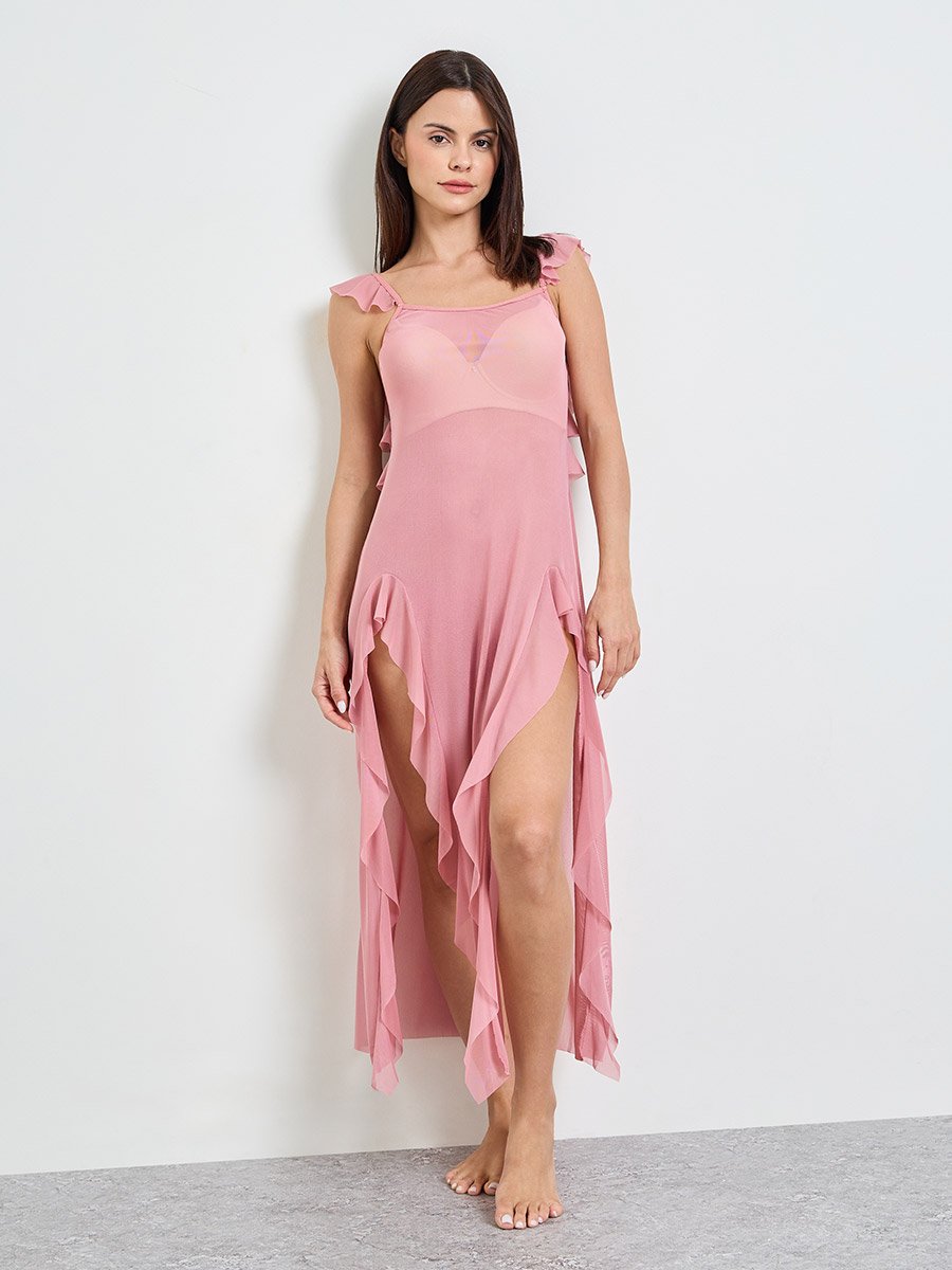 Dark Pink Solid Ruffled Trims Mesh Babydoll