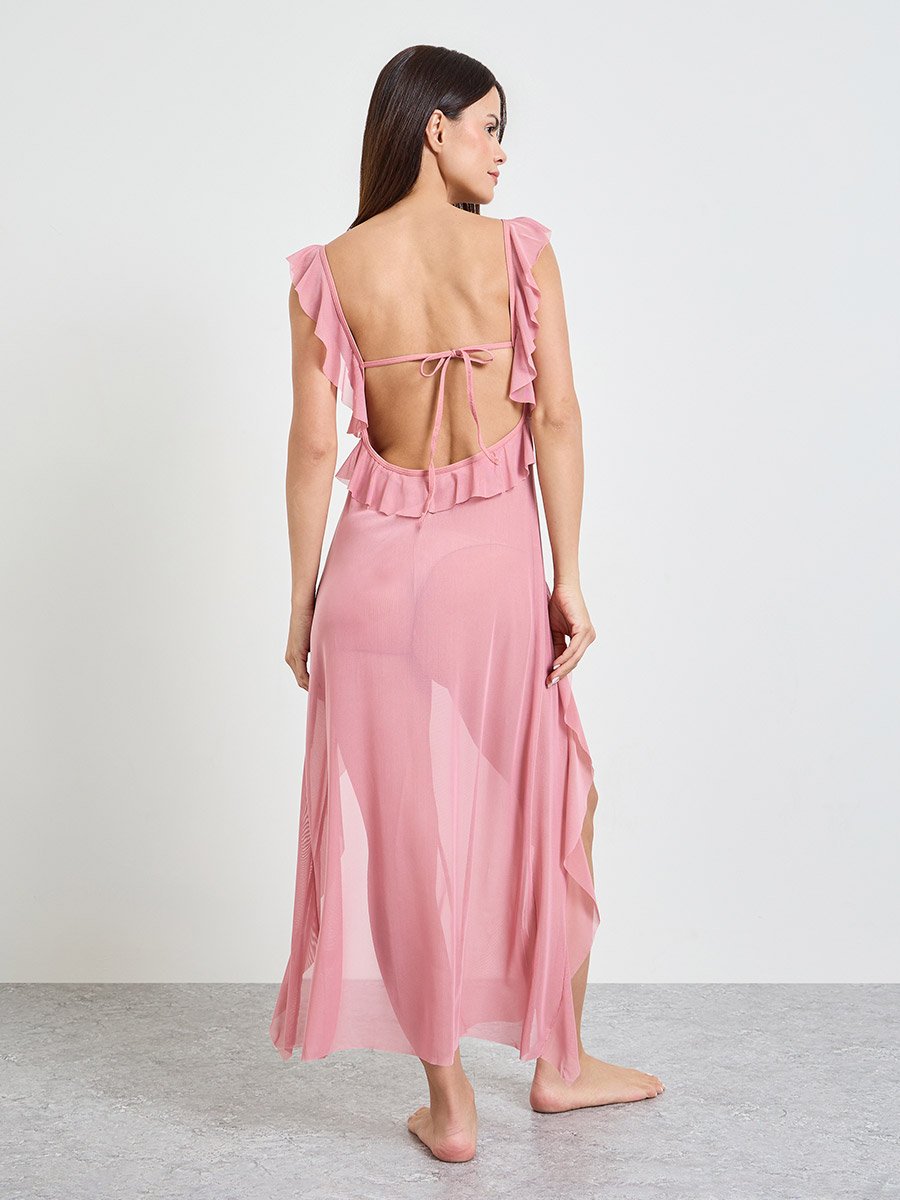 Dark Pink Solid Ruffled Trims Mesh Babydoll