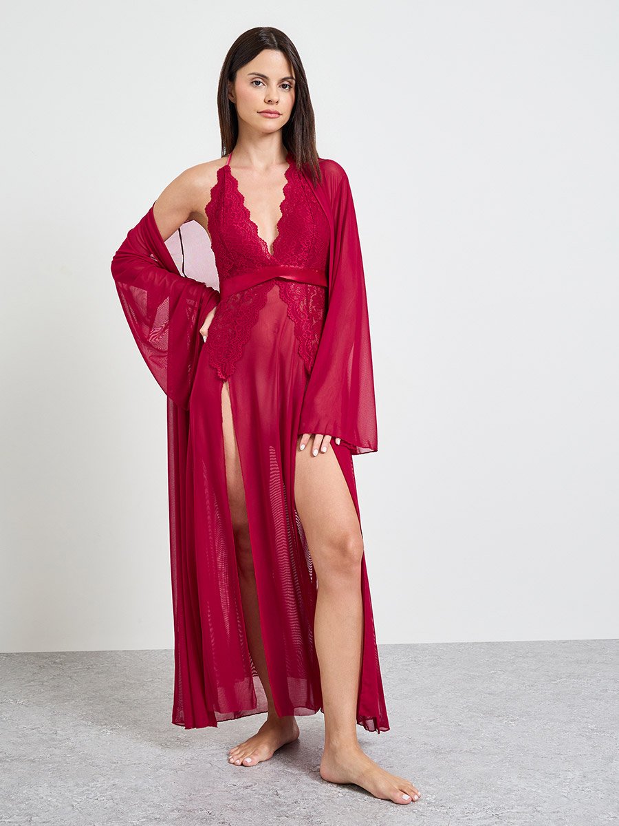 Burgundy Lace Slip Dress and Robe Set