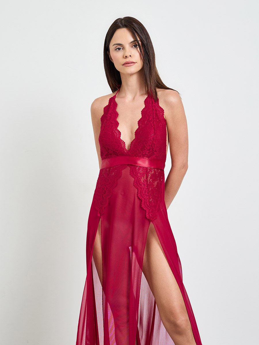 Burgundy Lace Slip Dress and Robe Set
