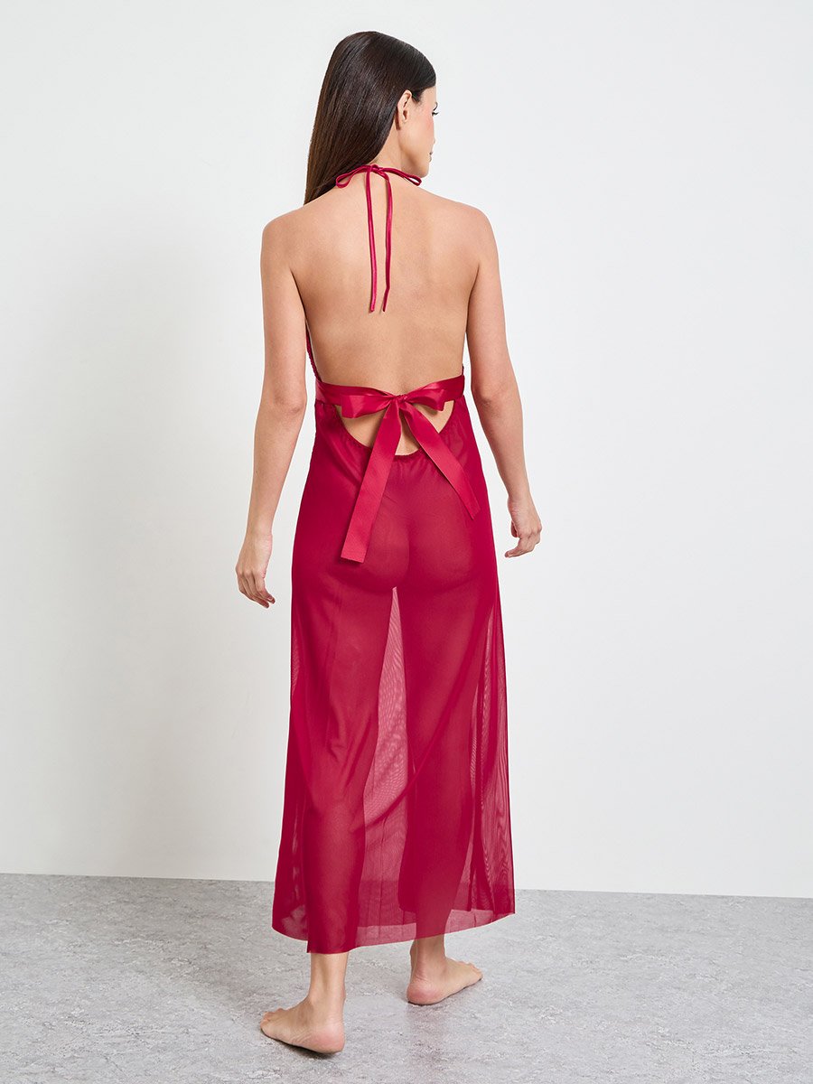 Burgundy Lace Slip Dress and Robe Set