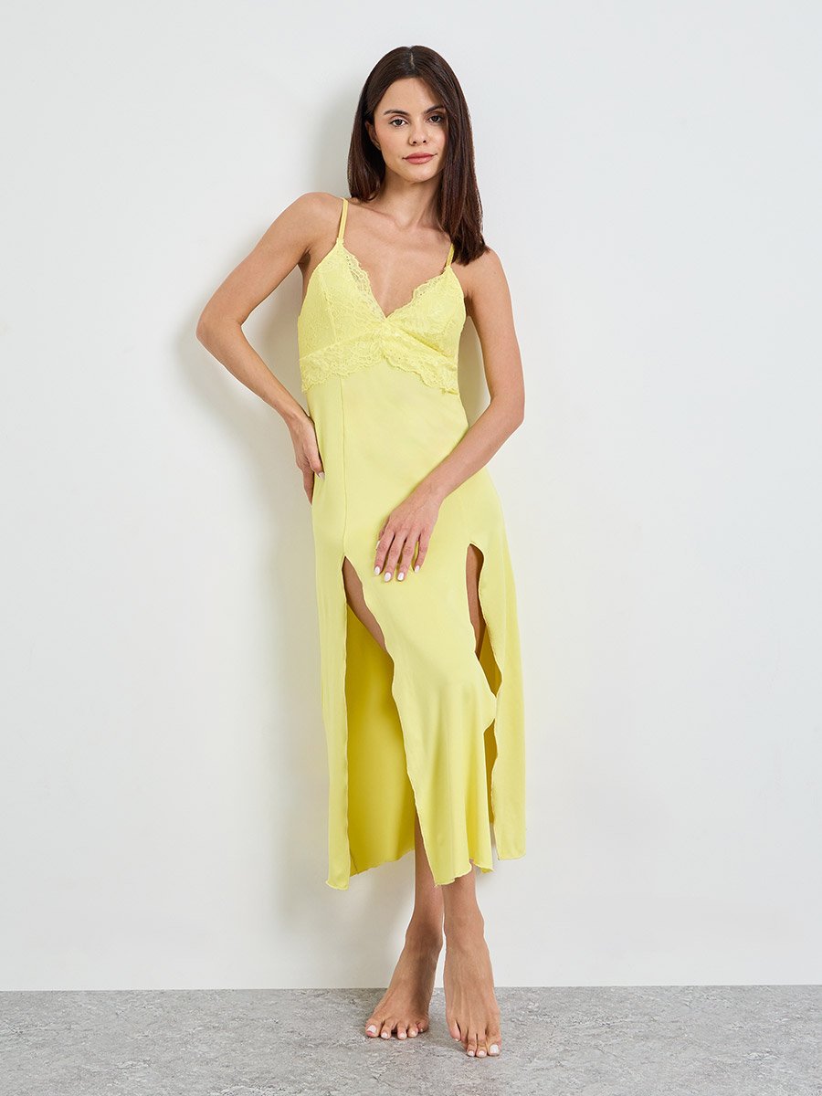 Yellow Lace-Trim Slip Dress with Side Slit