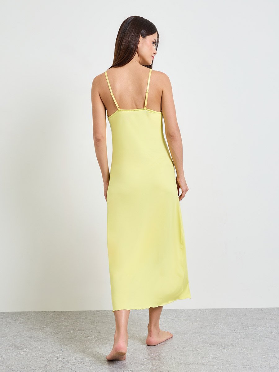Yellow Lace-Trim Slip Dress with Side Slit