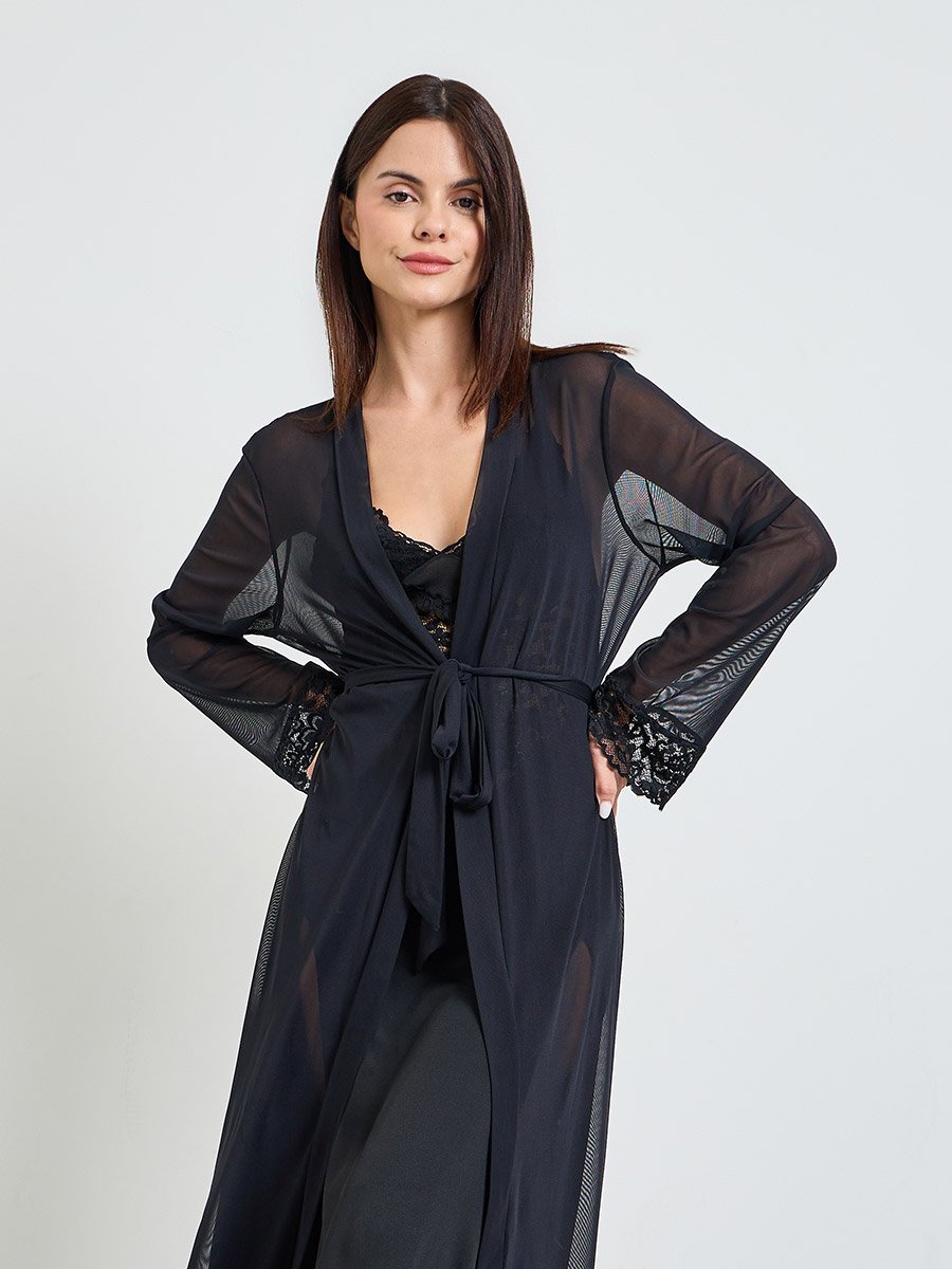 Black Lace Slip and Robe Set