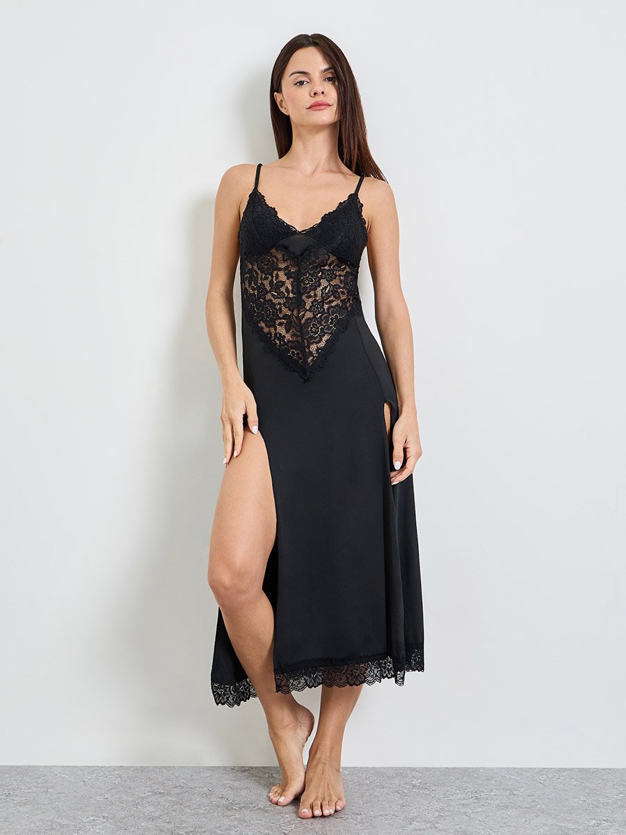 Black Lace Slip and Robe Set