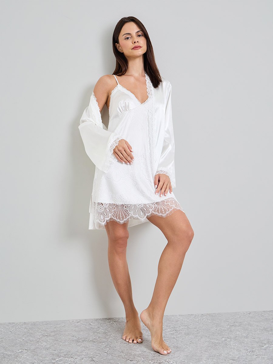 White Solid Satin Lace Slip and Robe Set