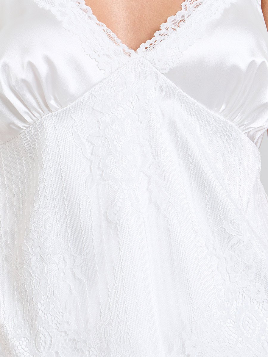 White Solid Satin Lace Slip and Robe Set