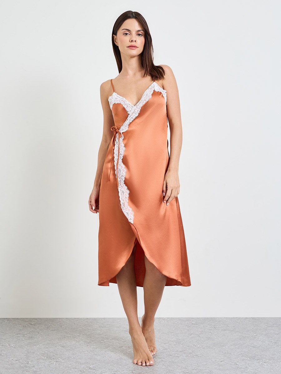 Rust Lace Trim Wrap Slip Dress