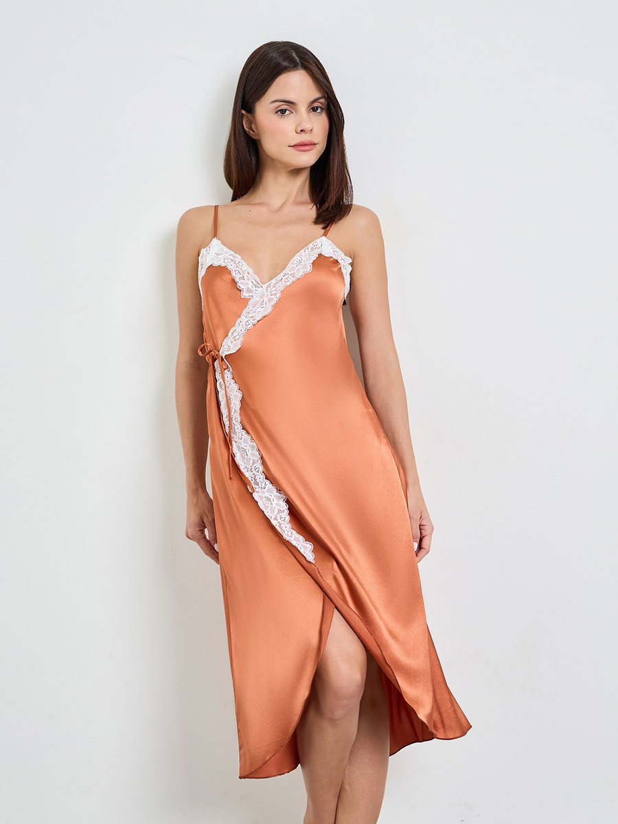 Rust Lace Trim Wrap Slip Dress